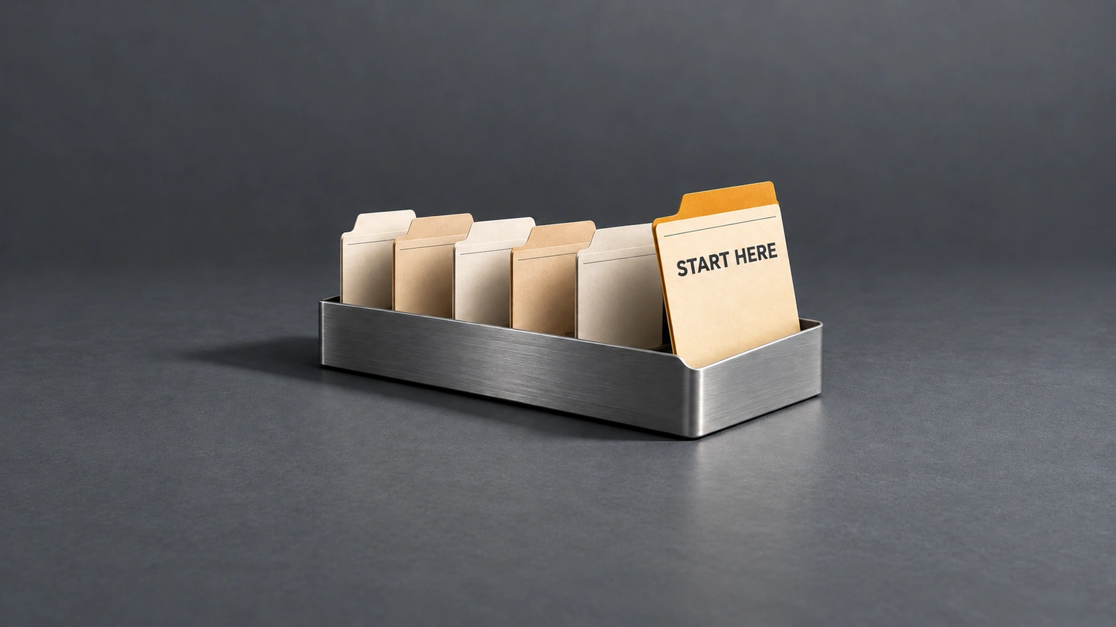 Six tabbed process cards standing in a shallow metal tray, with the front card lifted forward and marked START HERE.