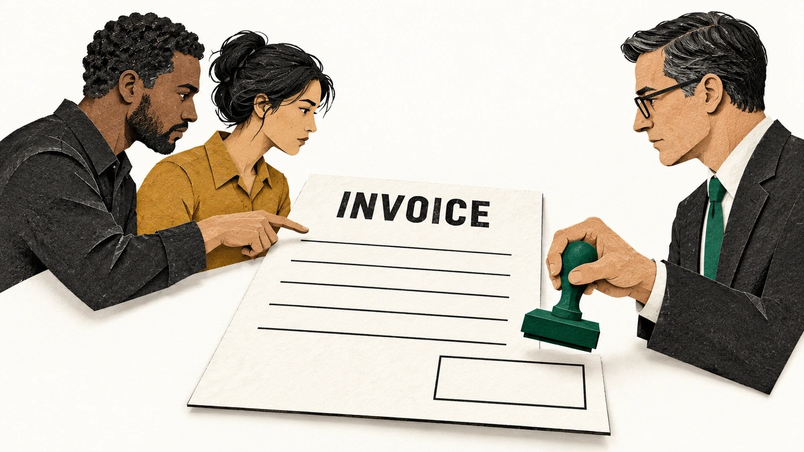 Implementation specialists prepare an invoice while the accounting firm reviewer retains approval.