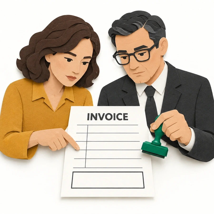 The invoice review detail shows the approval step that remains with the accounting firm.