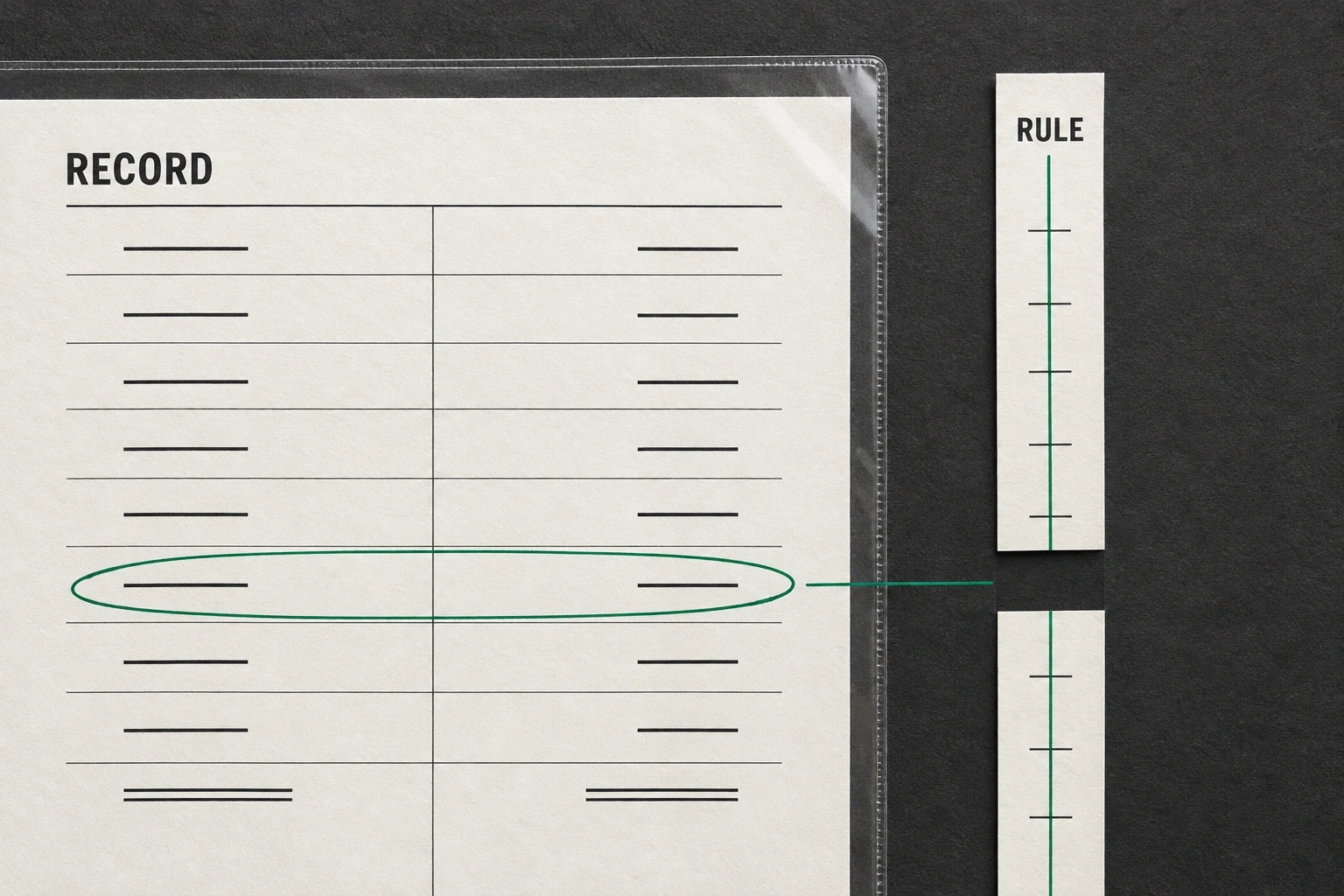 An accounting record is present but the aligned rule strip has a missing segment