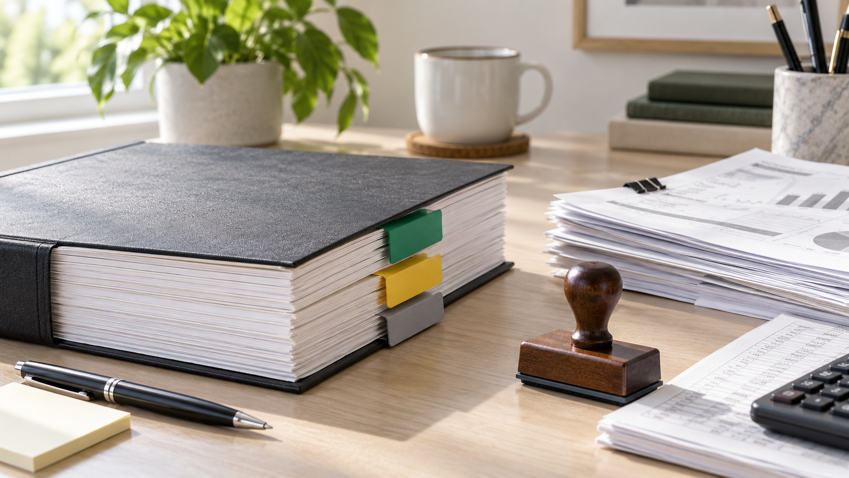 Desk still life with a tabbed binder, printed financial papers, a stamp and a calculator