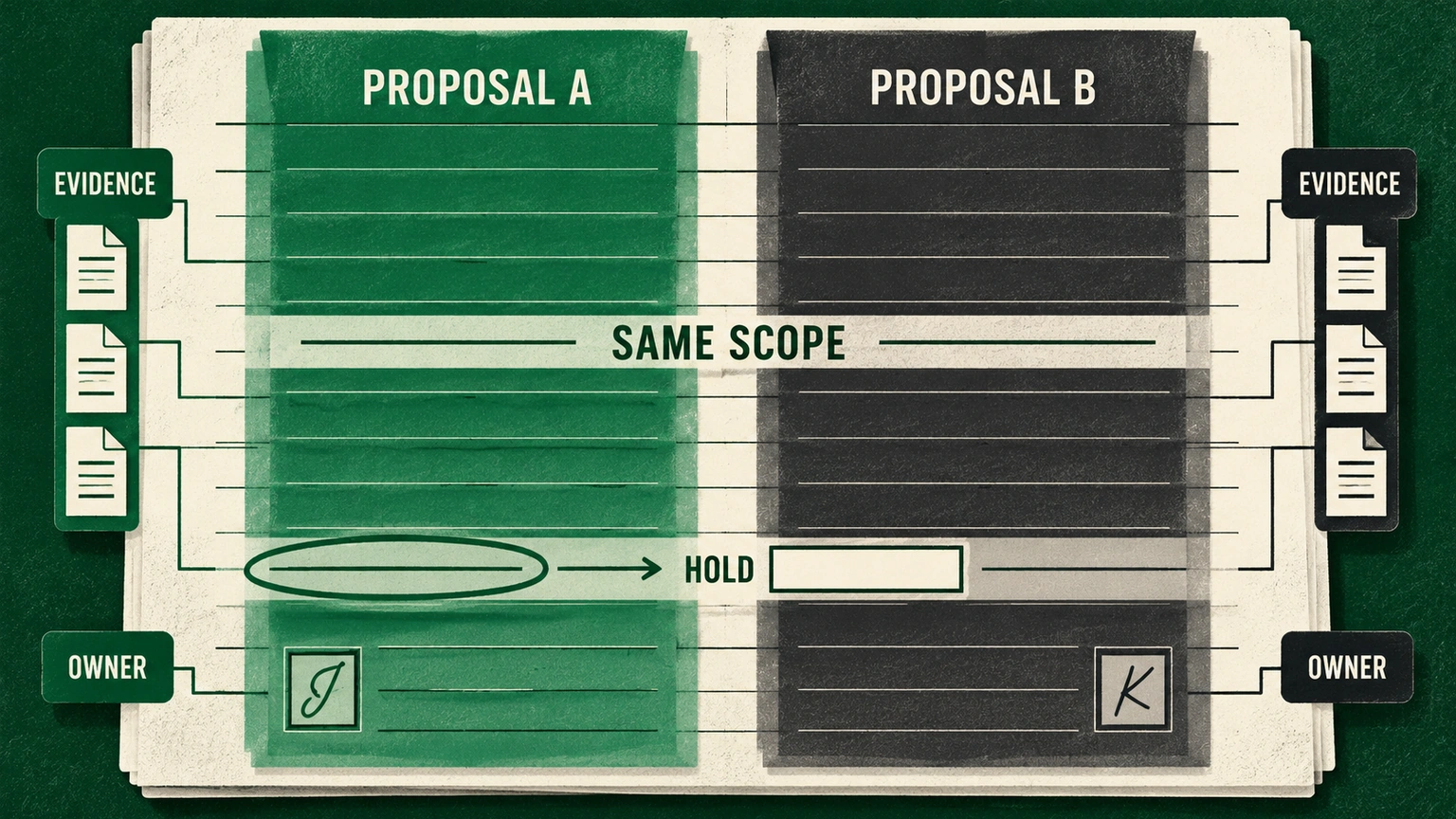 Two proposal columns aligned to a shared accounting workpaper, with a missing evidence cell marked HOLD.