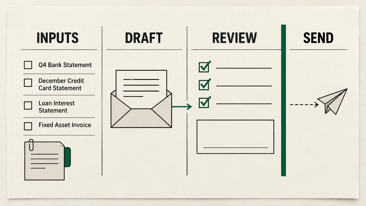 A missing-document workpaper passes through draft and review before the send boundary.