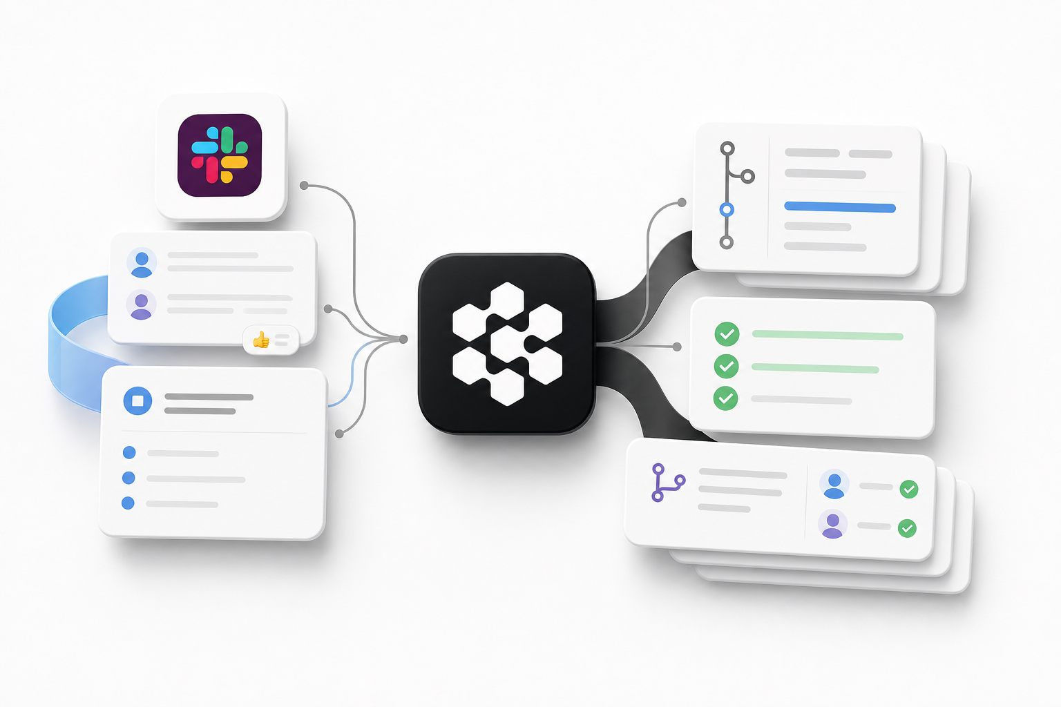 Devin receiving engineering requests through Slack and returning repository changes, passing checks, and human-reviewed pull requests
