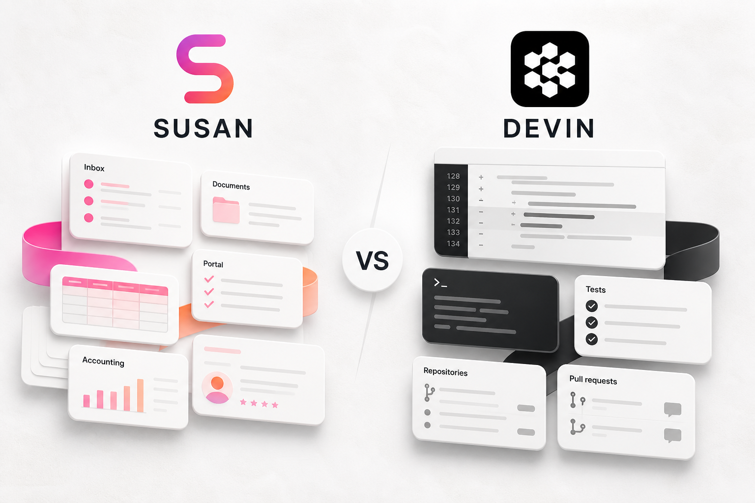 Susan and Devin logos in a white editorial comparison surrounded by business-operation and software-engineering work cards.